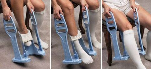 Special device for putting on compression garments.